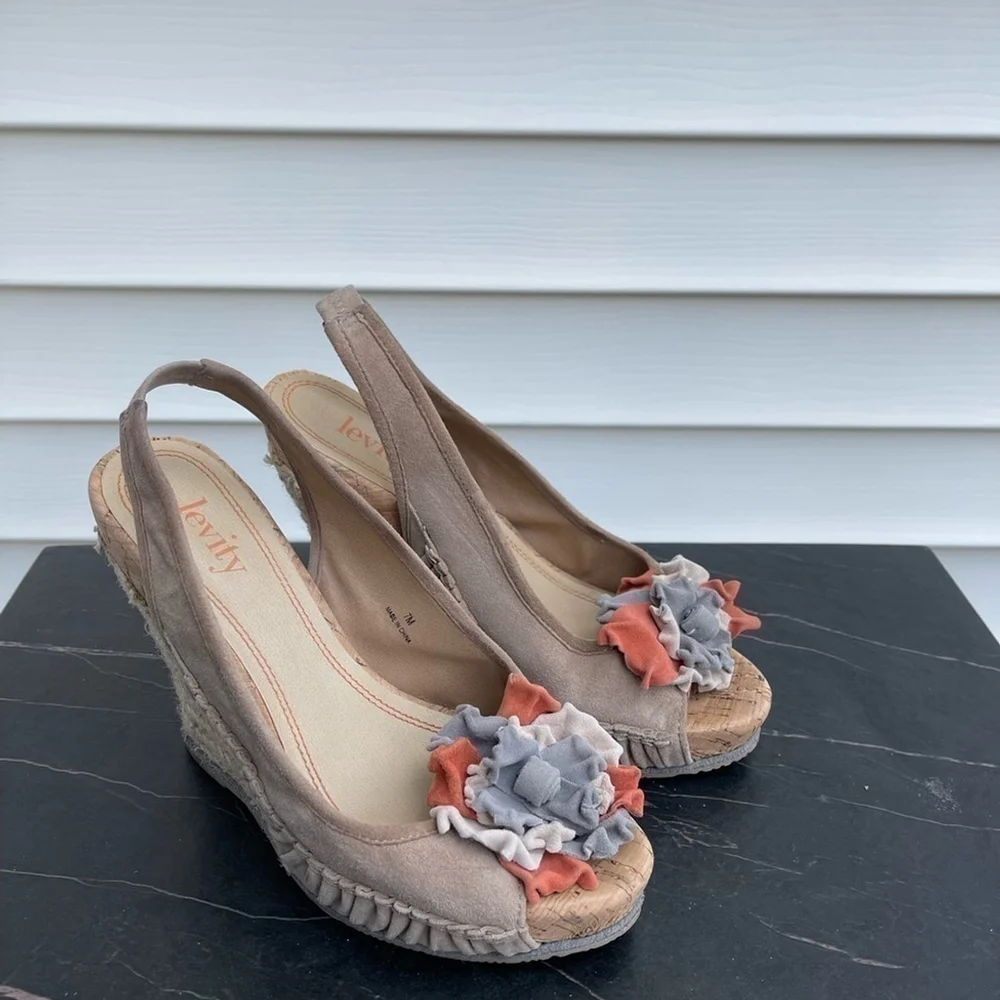 LEVITY women wedge platform sandals cork espadrilles leather suede Sz 7